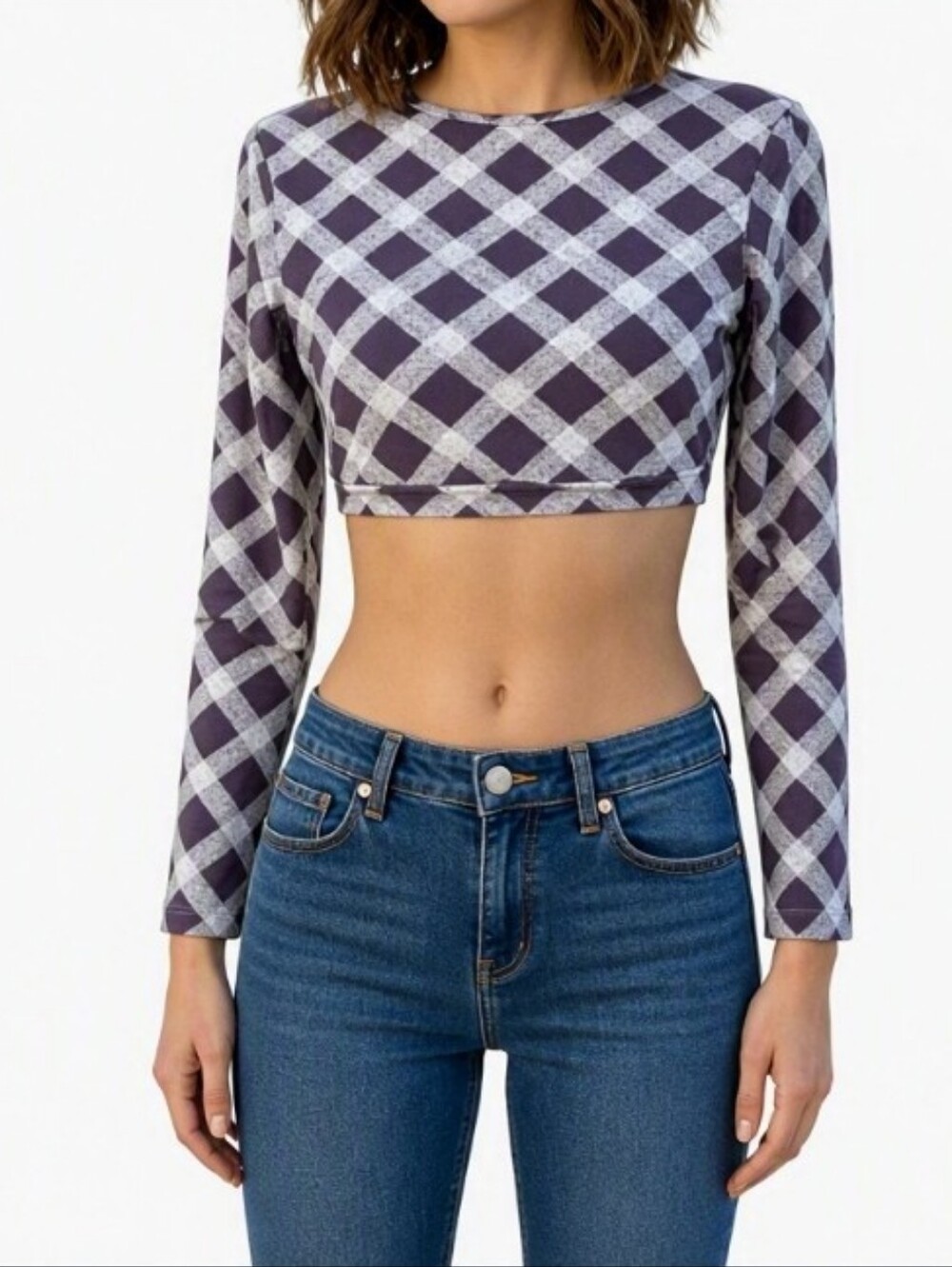 Y2k Vibe Raisins Purple & White Plaid Long-Sleeve Crop Top Rash Guard - fits S/M